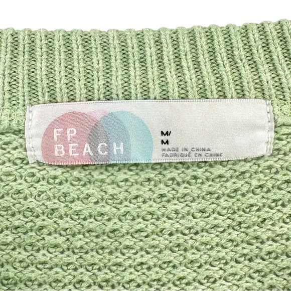 Free People FP Beach Hailee Sweater - Green Waffle Knit Slouchy Henley Top sz M - Picture 8 of 12